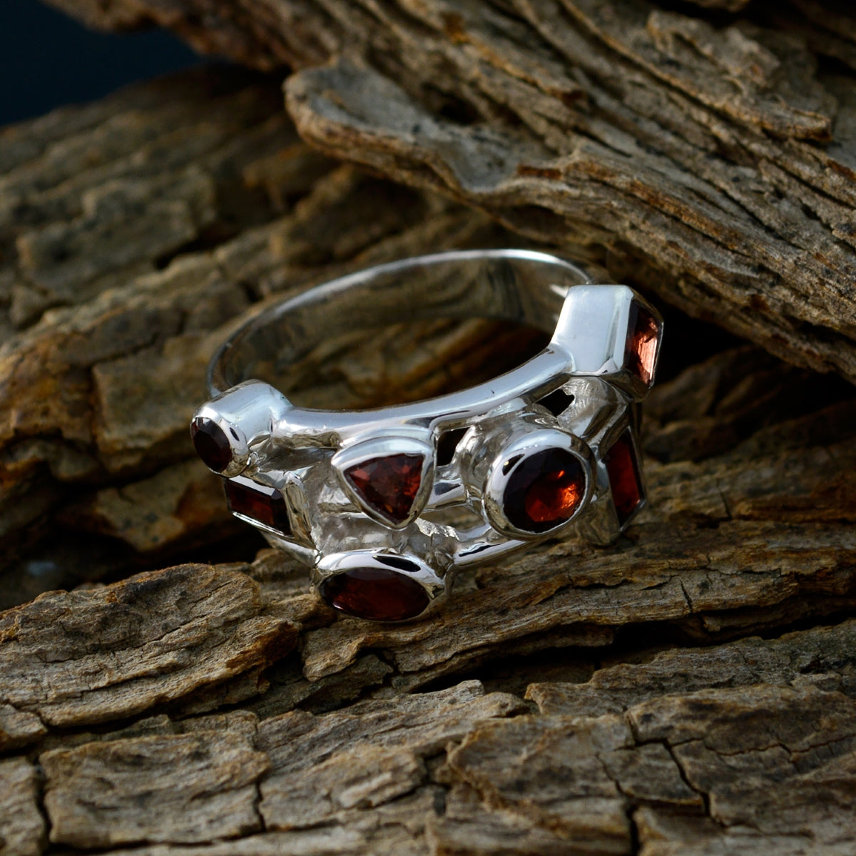 Garnet Trilogy Indian 925 Silver Red Gemstones Versatile Abstract Ring Jewelry