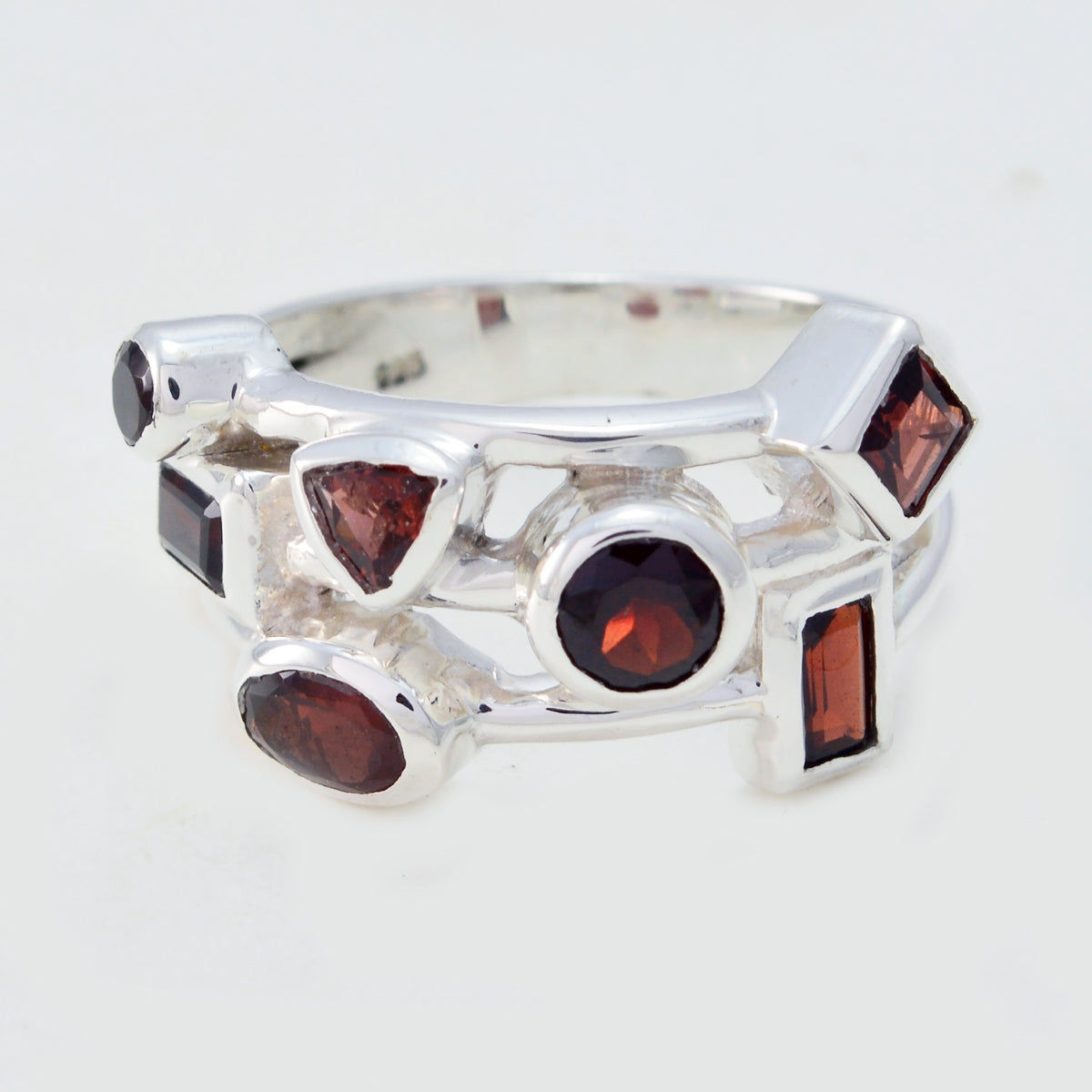 Garnet Trilogy Indian 925 Silver Red Gemstones Versatile Abstract Ring Jewelry