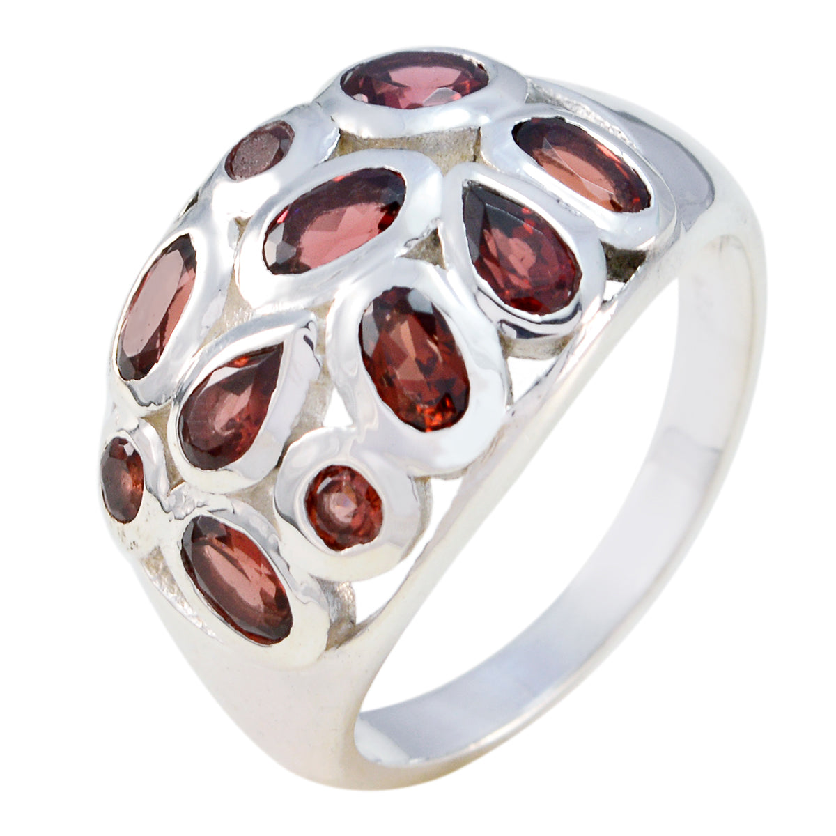 Garnet multiple African 925 Silver Red Gemstones Eye catching Contemporary Ring Jewelry メイン画像