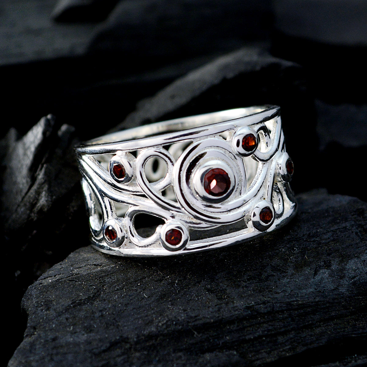Garnet multiple Moroccan Silver Red Gemstones Classic Bubble Ring Jewellery