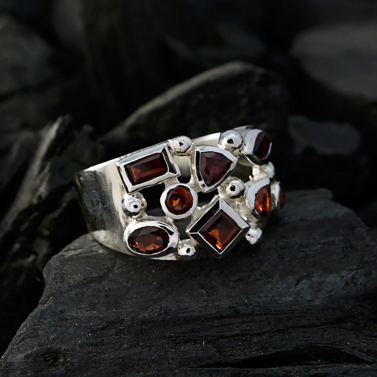 Garnet multiple French Sterling Silver Red Gems Eye catching Contemporary Ring Jewellery