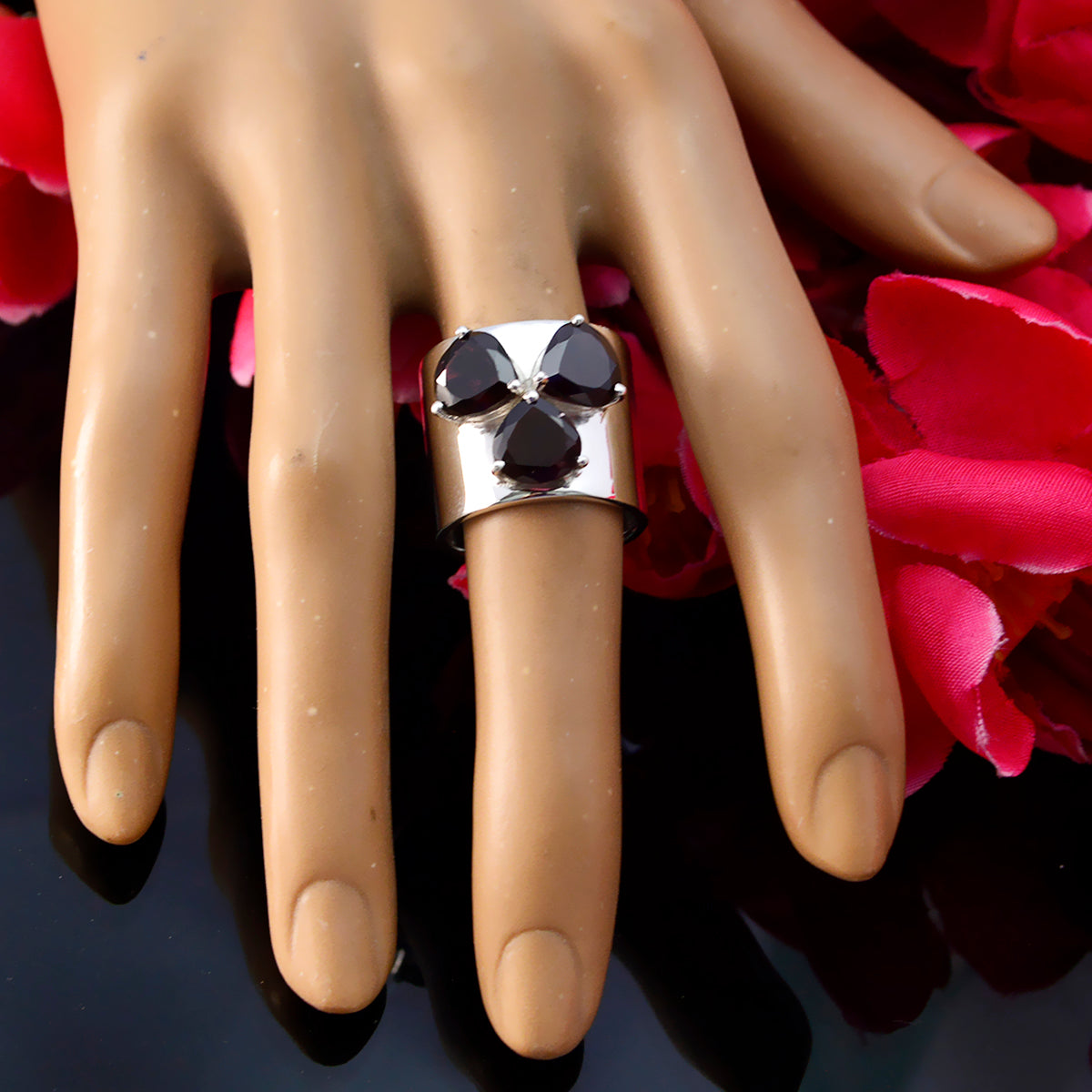 Garnet Trilogy French 925 Sterling Silver Red Gemstones Statement Traditional Ring Jewelry