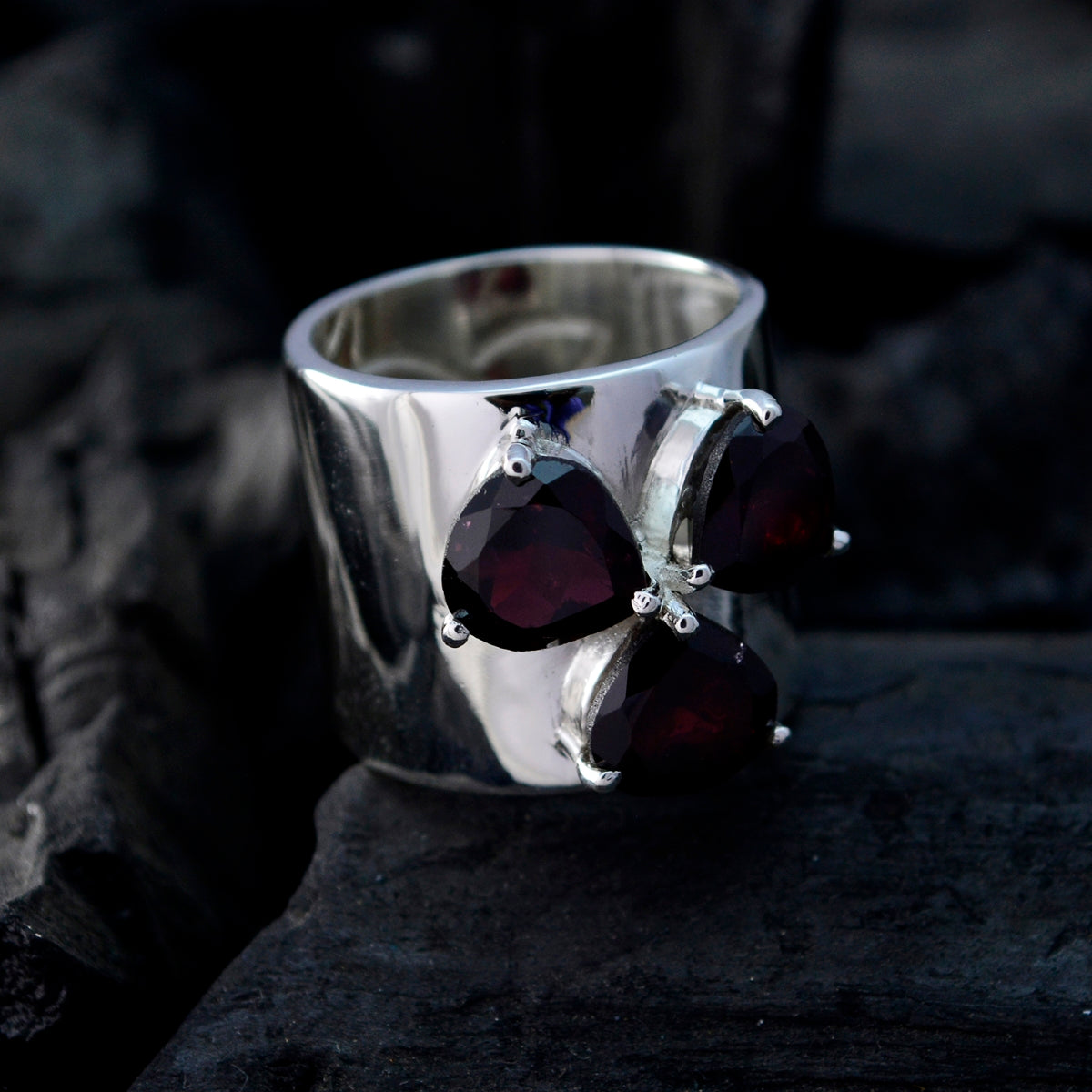 Granat-Trilogie, französischer 925er Sterlingsilber, rote Edelsteine, Statement-Ring, traditioneller Schmuck