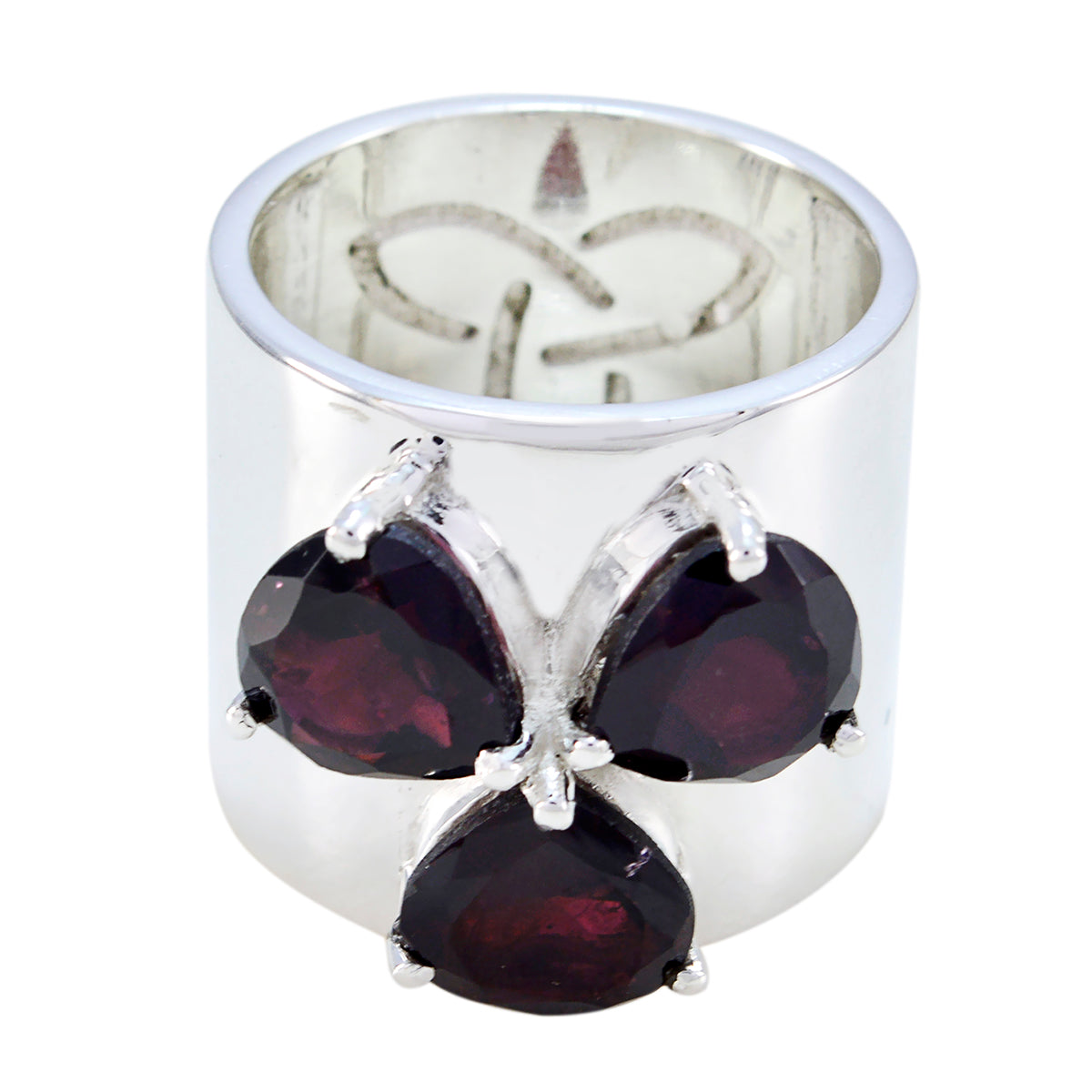 Garnet Trilogy French 925 Sterling Silver Red Gemstones Statement Traditional Ring Jewelry