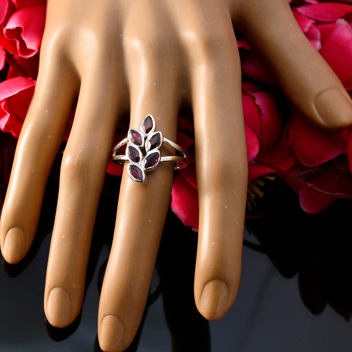 Garnet Hexa Indian 925 Silver Red Gems Slim Boho Ring Jewellery