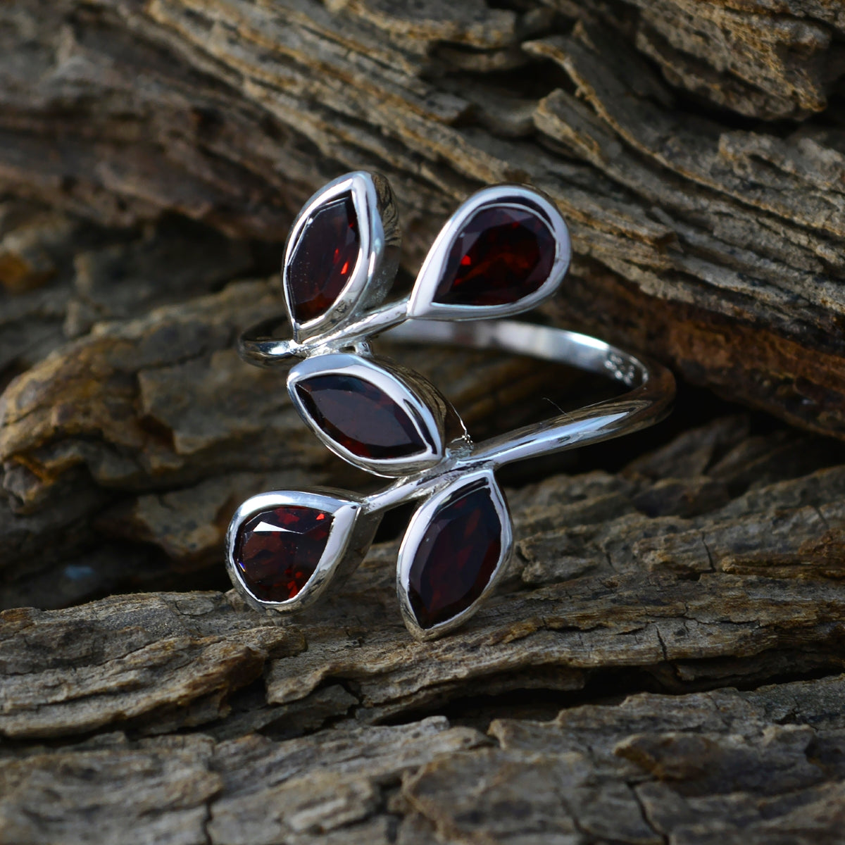 Garnet Penta Moroccan Silver Red Gemstones Eye catching Abstract Ring Jewelry