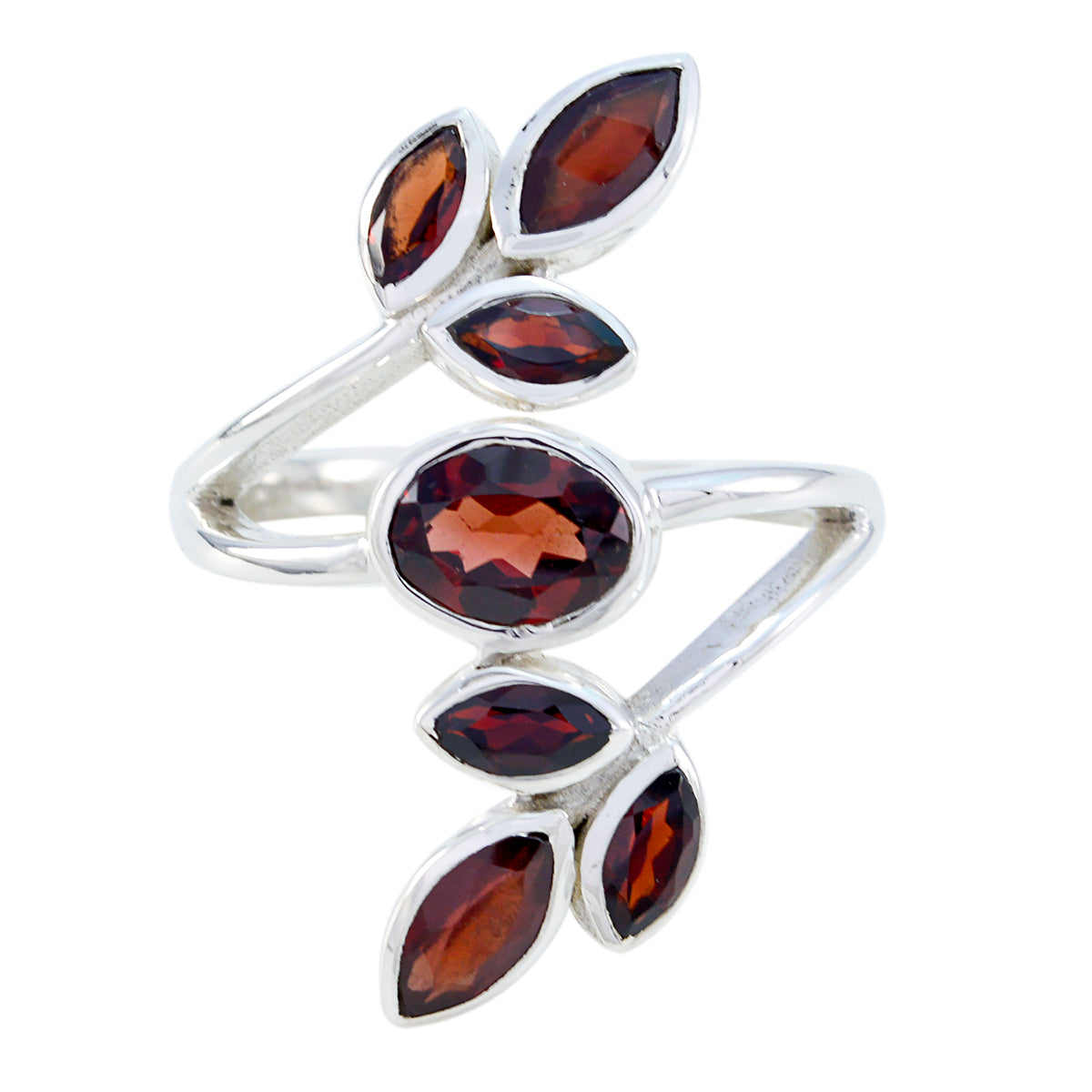 Garnet Hepta Egyptian Silver Red Gemstones Mid weight Leafy Ring Jewellery Huvudsaklig produktbild