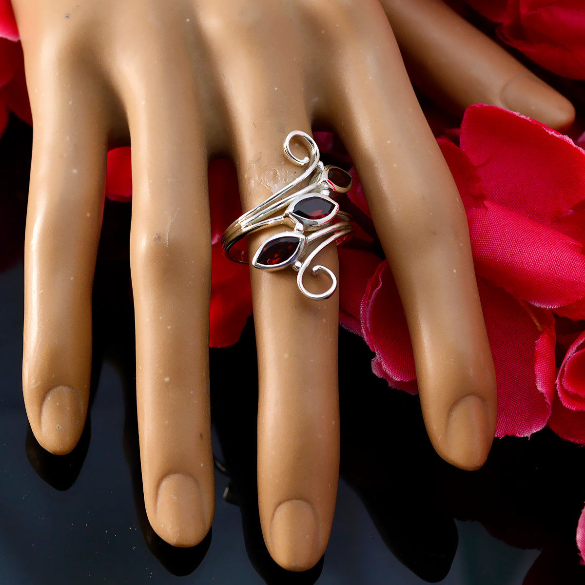 Garnet Trilogy Indian Silver Red Gems Eye catching Trendy Ring Jewellery