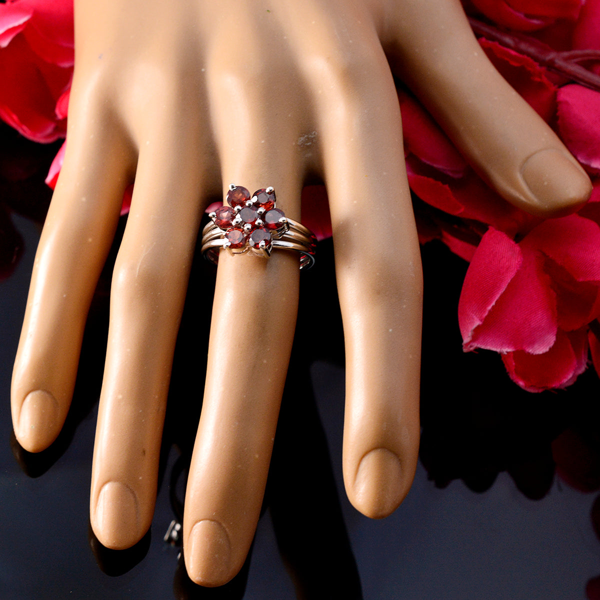 Garnet Hepta French Silver Red Gemstones Minimal Floral Ring Jewelry