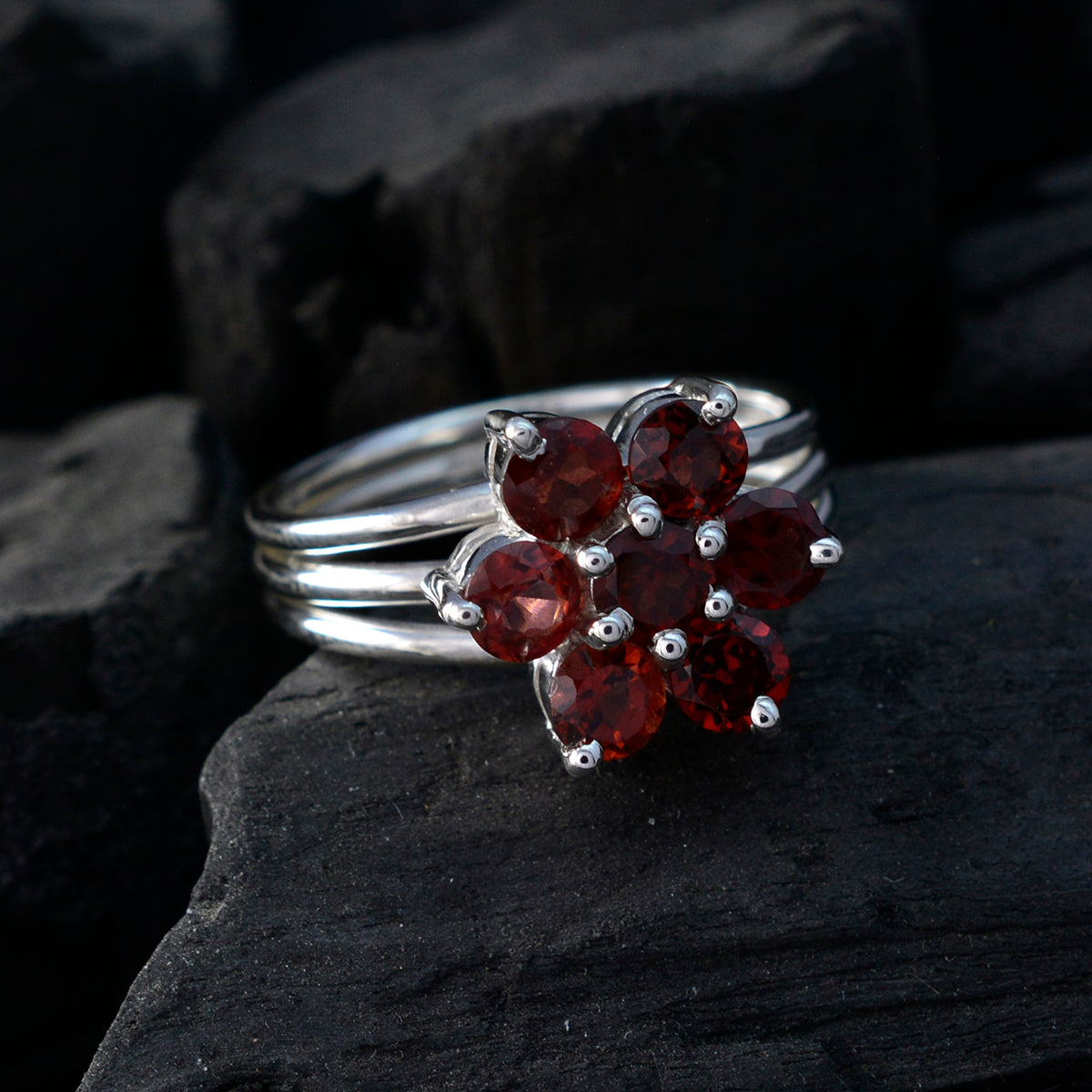Garnet Hepta French Silver Red Gemstones Minimal Floral Ring Jewelry