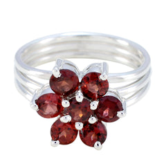 Garnet Hepta French Silver Red Gemstones Minimal Floral Ring Jewelry