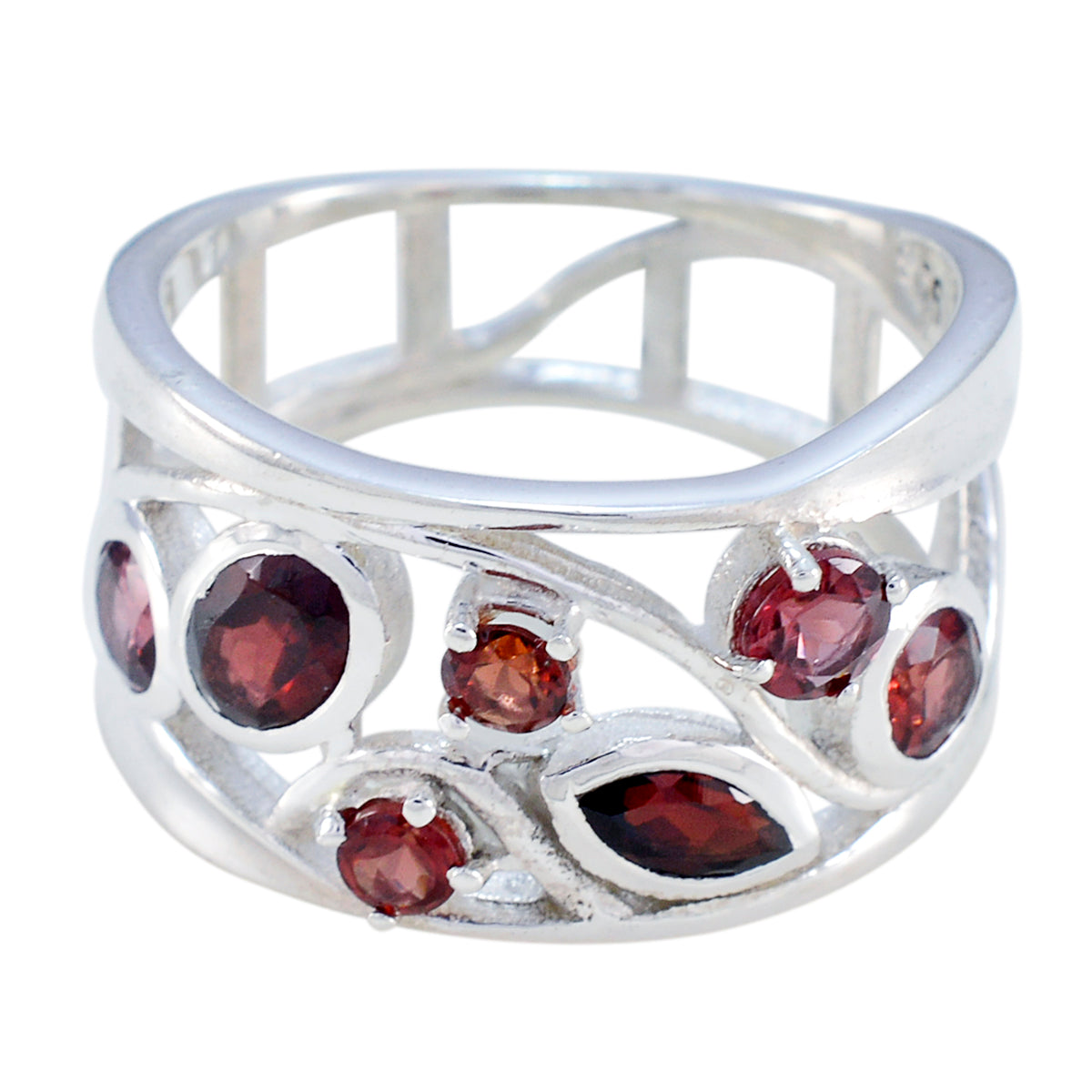 Garnet Hepta Latin American 925 Sterling Silver Red Gems Mid weight Filigree Ring Jewelry