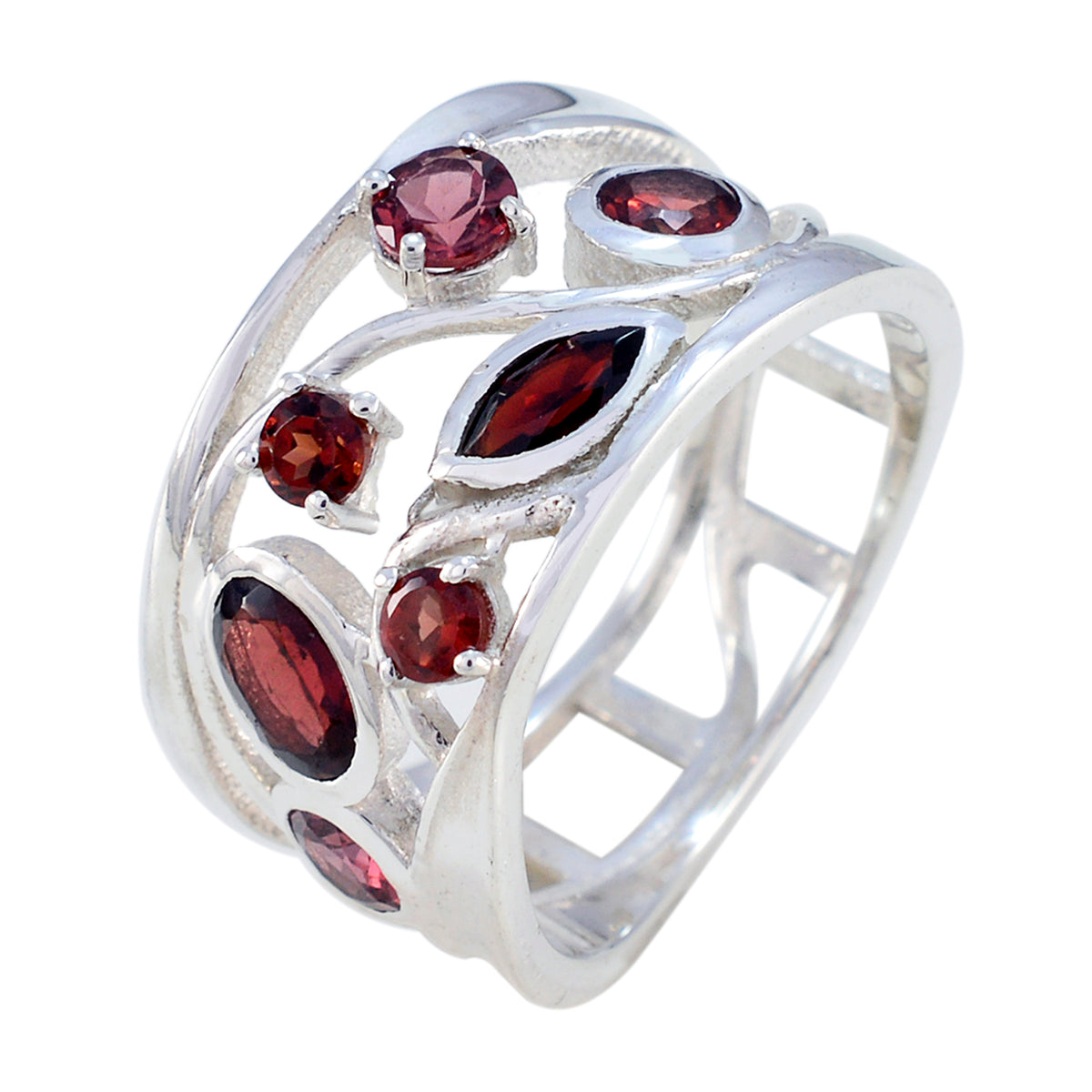 Garnet Hepta Latin American 925 Sterling Silver Red Gems Mid weight Filigree Ring Jewelry