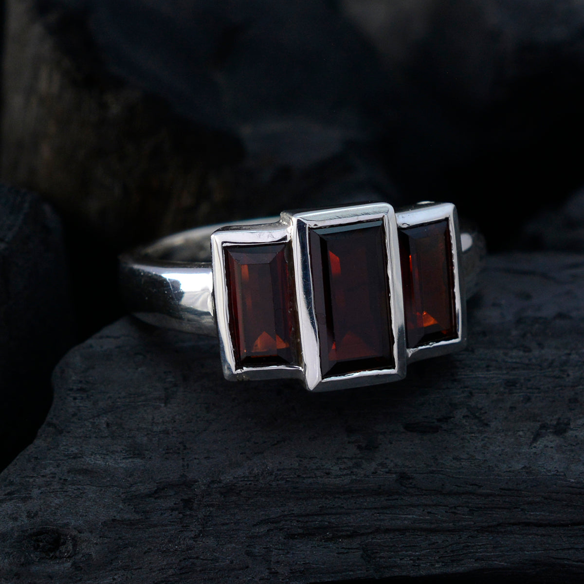 Garnet Trilogy Egyptian 925 Silver Red Gems Minimal Luxurious Ring Jewelry