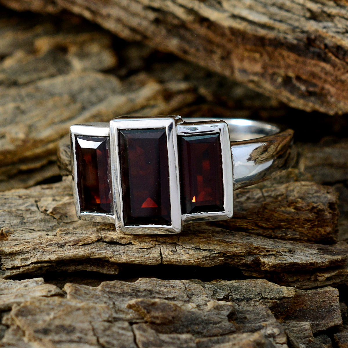 Garnet Trilogy Egyptian 925 Silver Red Gems Minimal Luxurious Ring Jewelry