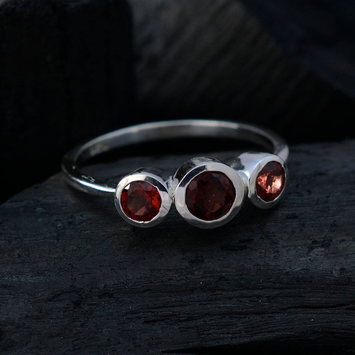 Garnet Trilogy Korean 925 Sterling Silver Red Gemstone Dainty Trendy Ring Jewelry