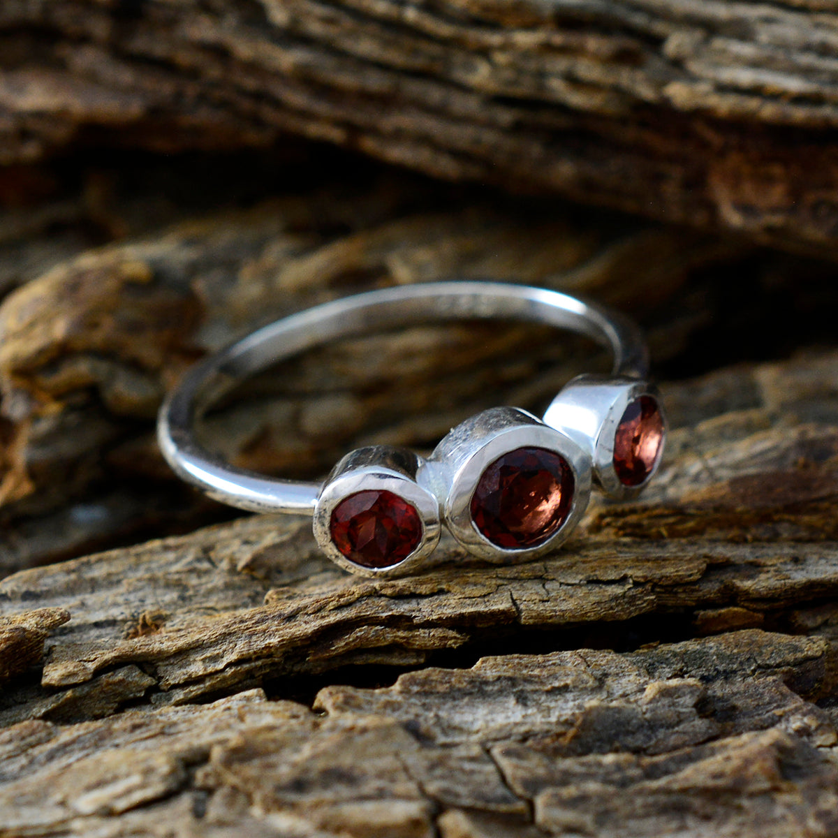 Garnet Trilogy Korean 925 Sterling Silver Red Gemstone Dainty Trendy Ring Jewelry