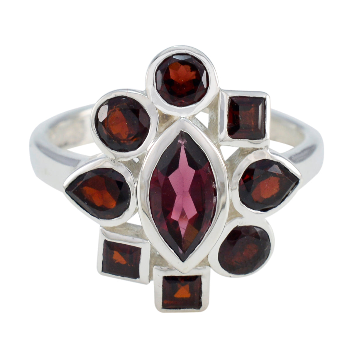 Garnet navratna Indian Silver Red Gemstone Eye catching Modern Ring Jewelry