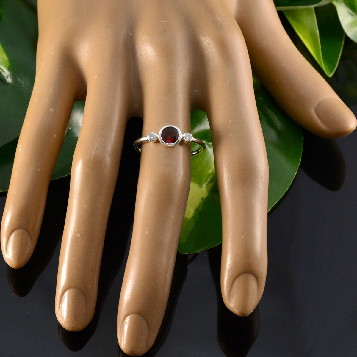 Garnet Trilogy American Sterling Silver Red Gemstones Elegant  Modern Ring Jewellery