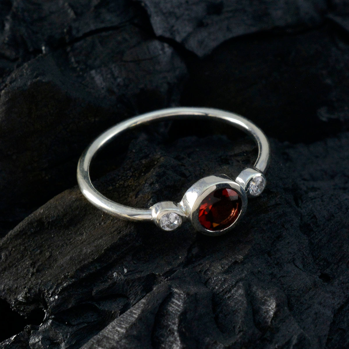 Garnet Trilogy American Sterling Silver Red Gemstones Elegant  Modern Ring Jewellery