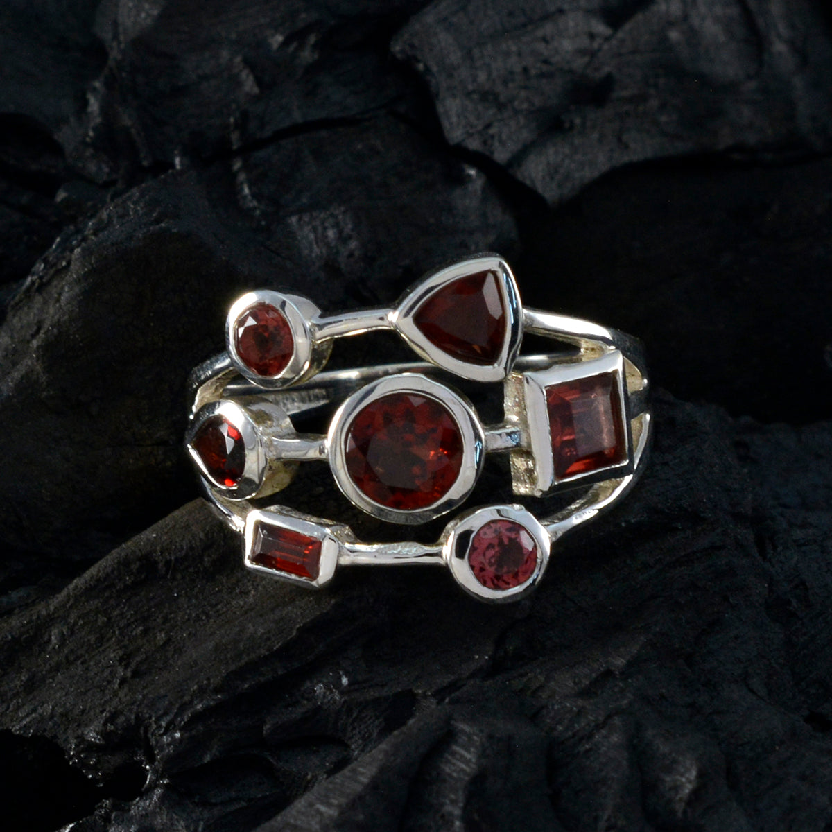 Garnet Hepta French 925 Silver Red Gems Featherlight Sophisticated Ring Jewellery