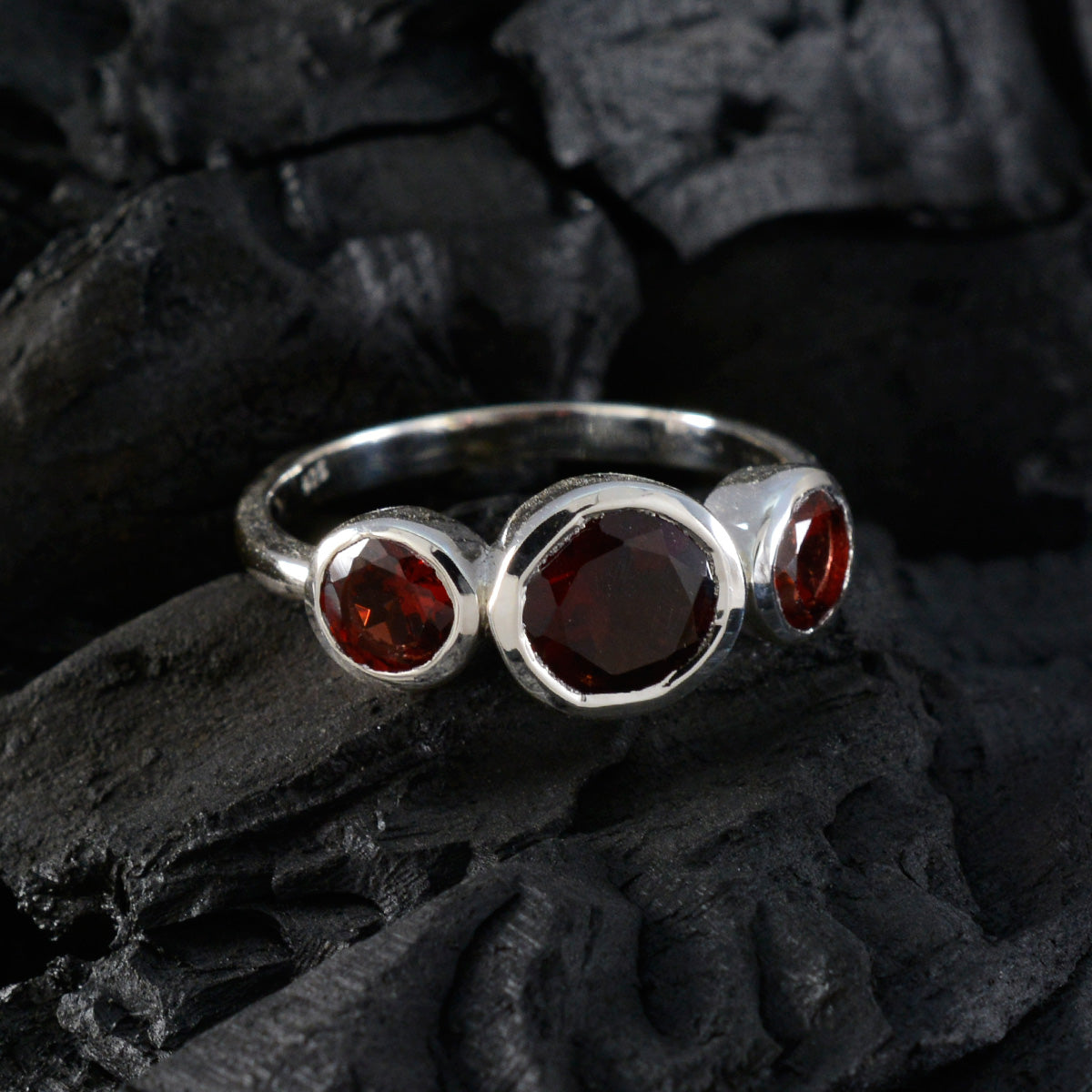 Garnet Trilogy Korean Sterling Silver Red Gemstones Whisper thin Contemporary Ring Jewelry