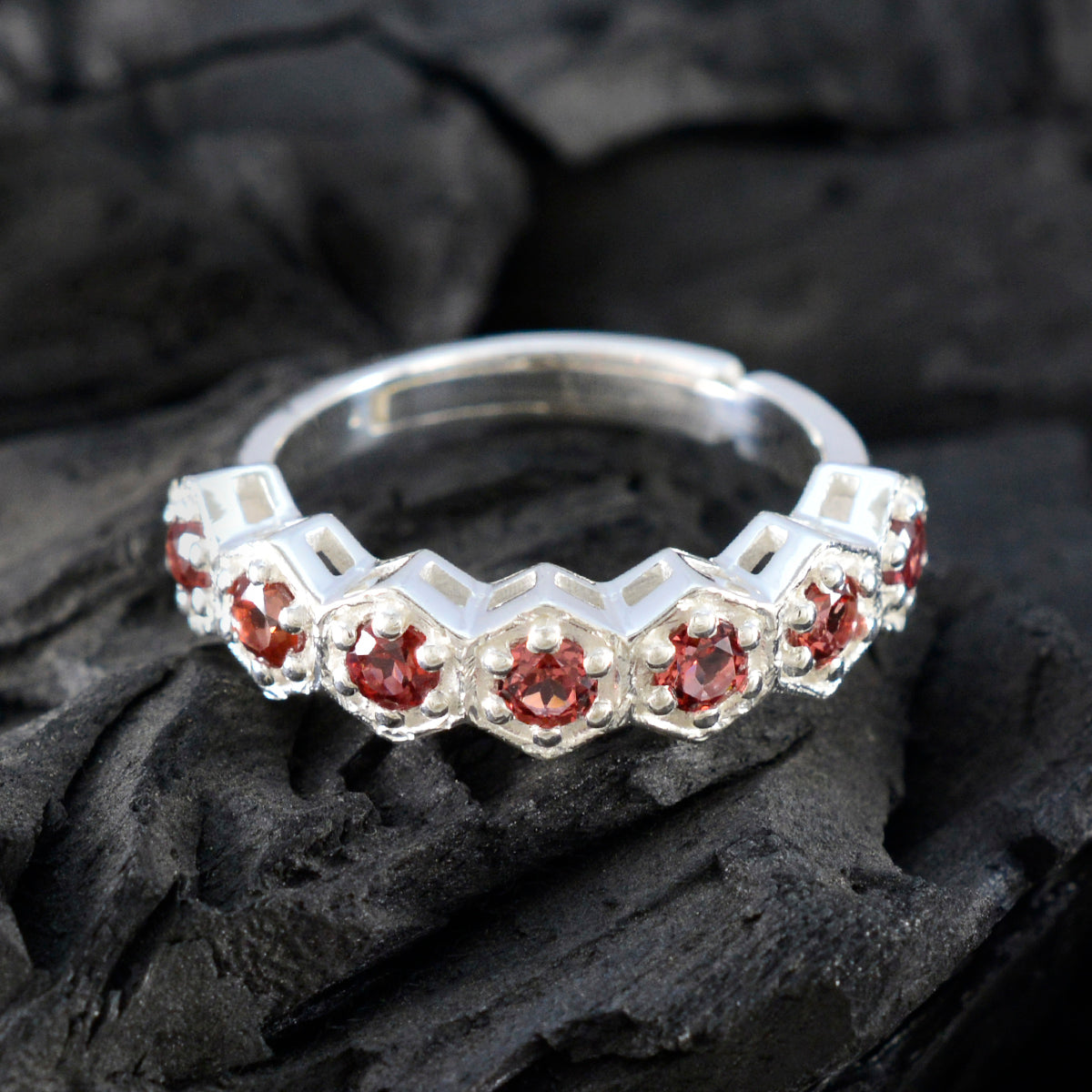 Garnet Hepta Japanese 925 Sterling Silver Red Gemstones Whisper thin Contemporary Band Jewelry