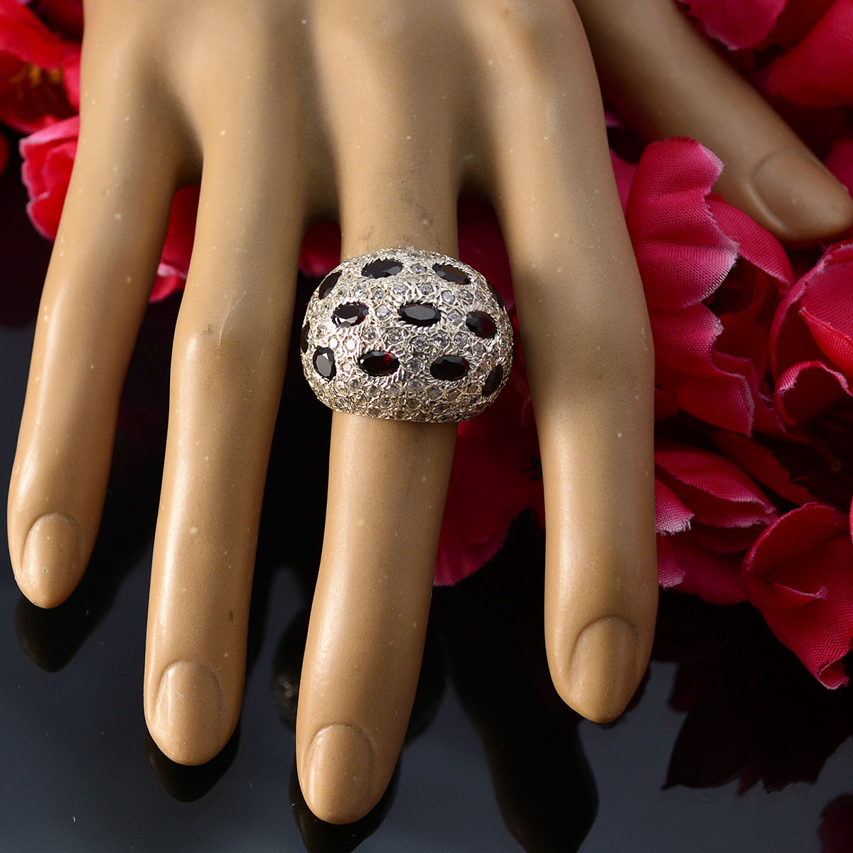 Garnet multiple French Silver Red Gemstones Edgy Modern Ring Jewelry