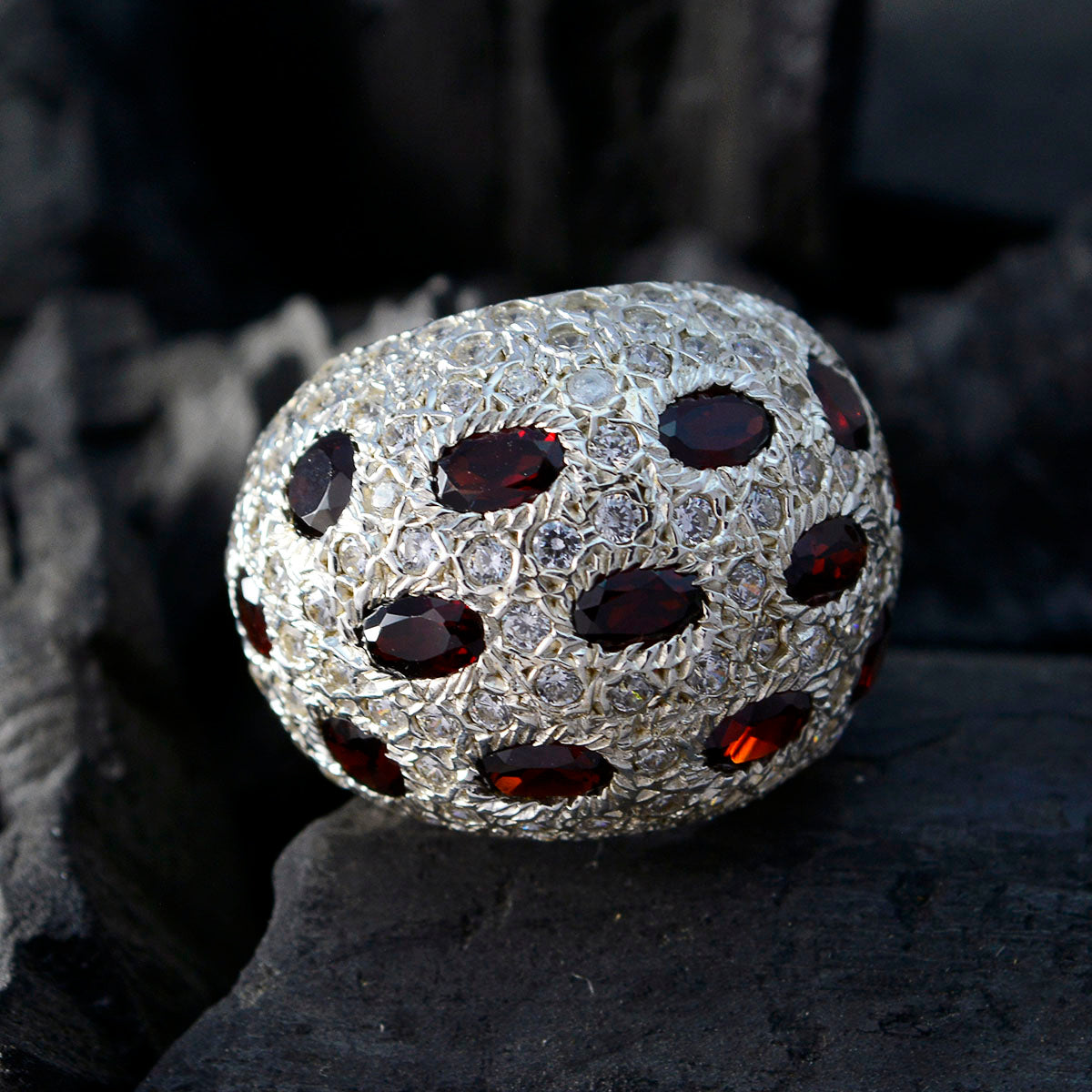 Garnet multiple French Silver Red Gemstones Edgy Modern Ring Jewelry