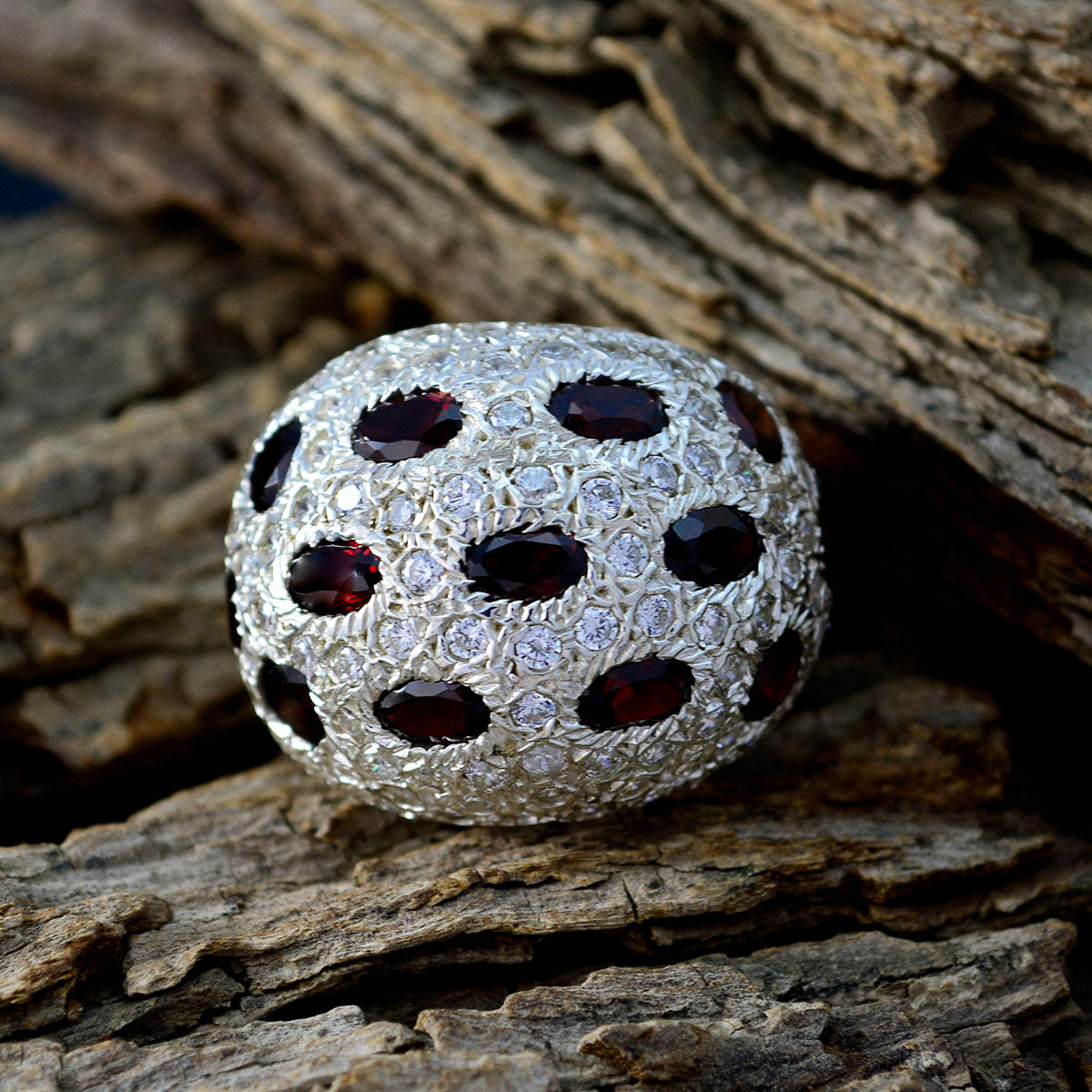 Garnet multiple French Silver Red Gemstones Edgy Modern Ring Jewelry