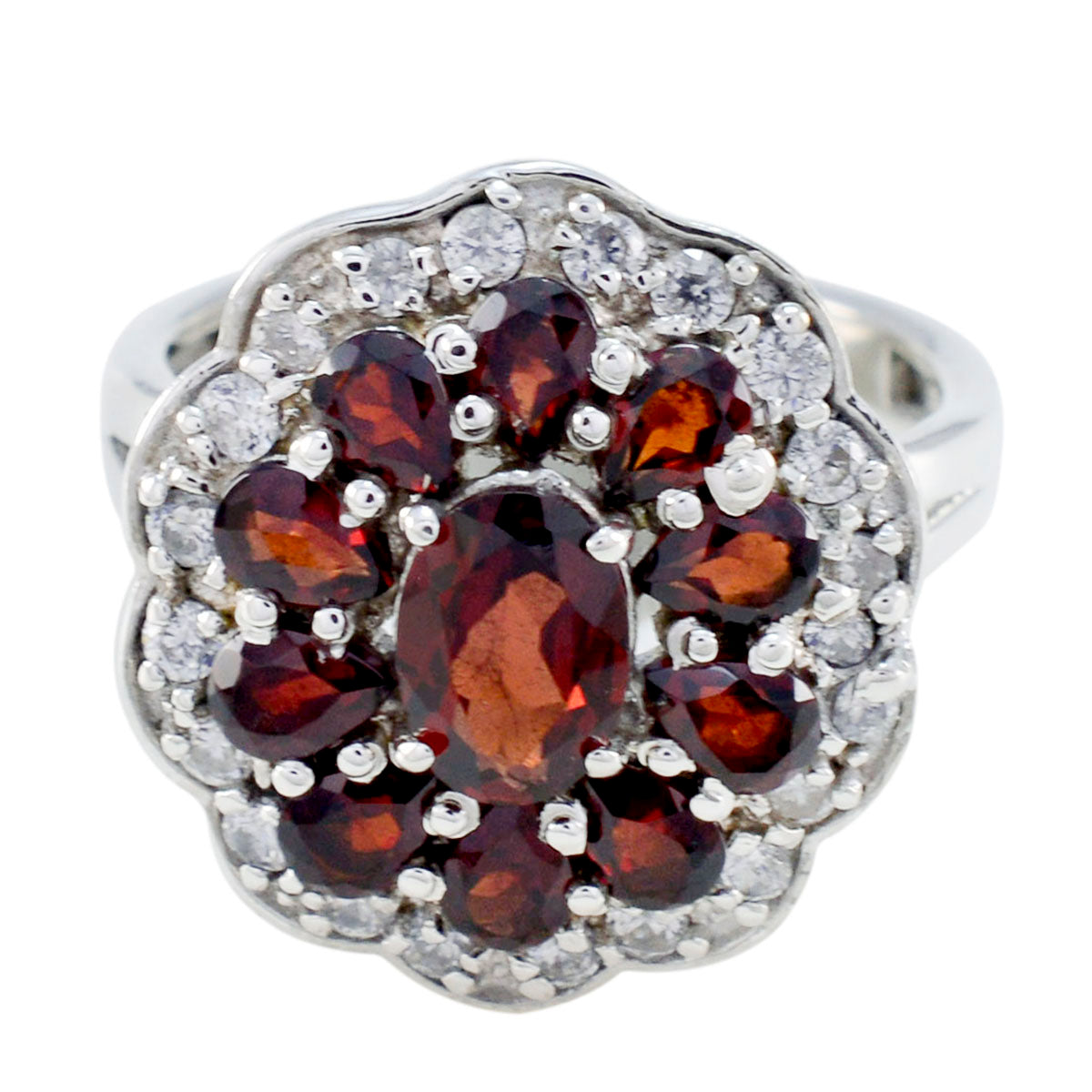 Garnet multiple French 925 Sterling Silver Red Gemstones Minimal Modern Ring Jewellery