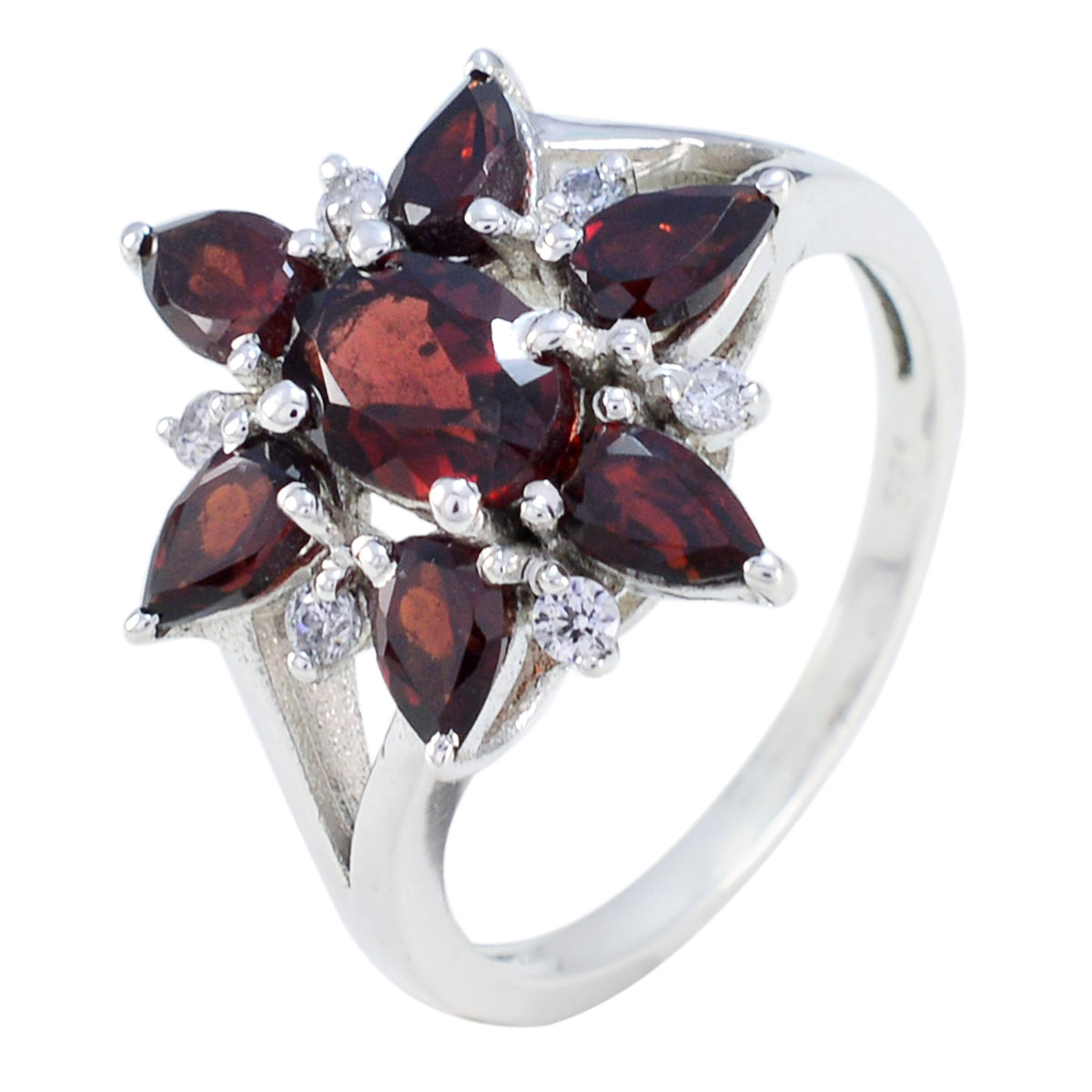 Garnet Hepta African Silver Red Gemstone Featherlight Floral Ring Jewelry