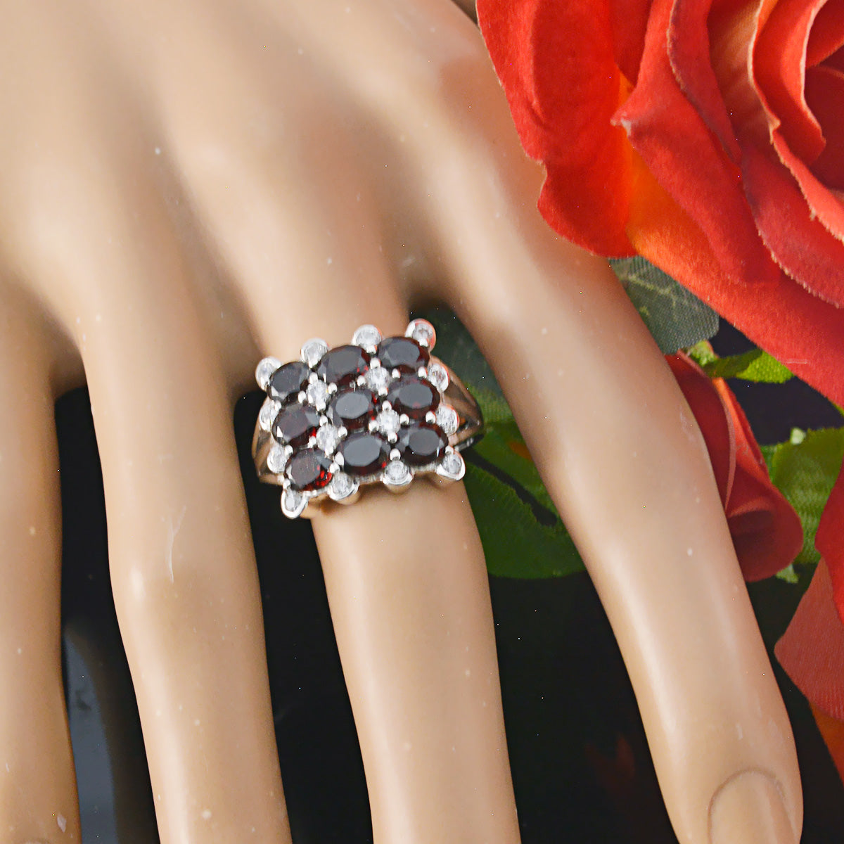 Garnet Navratna Russian 92.5 Silver Red Gemstones Classic Glamorous Ring Jewellery