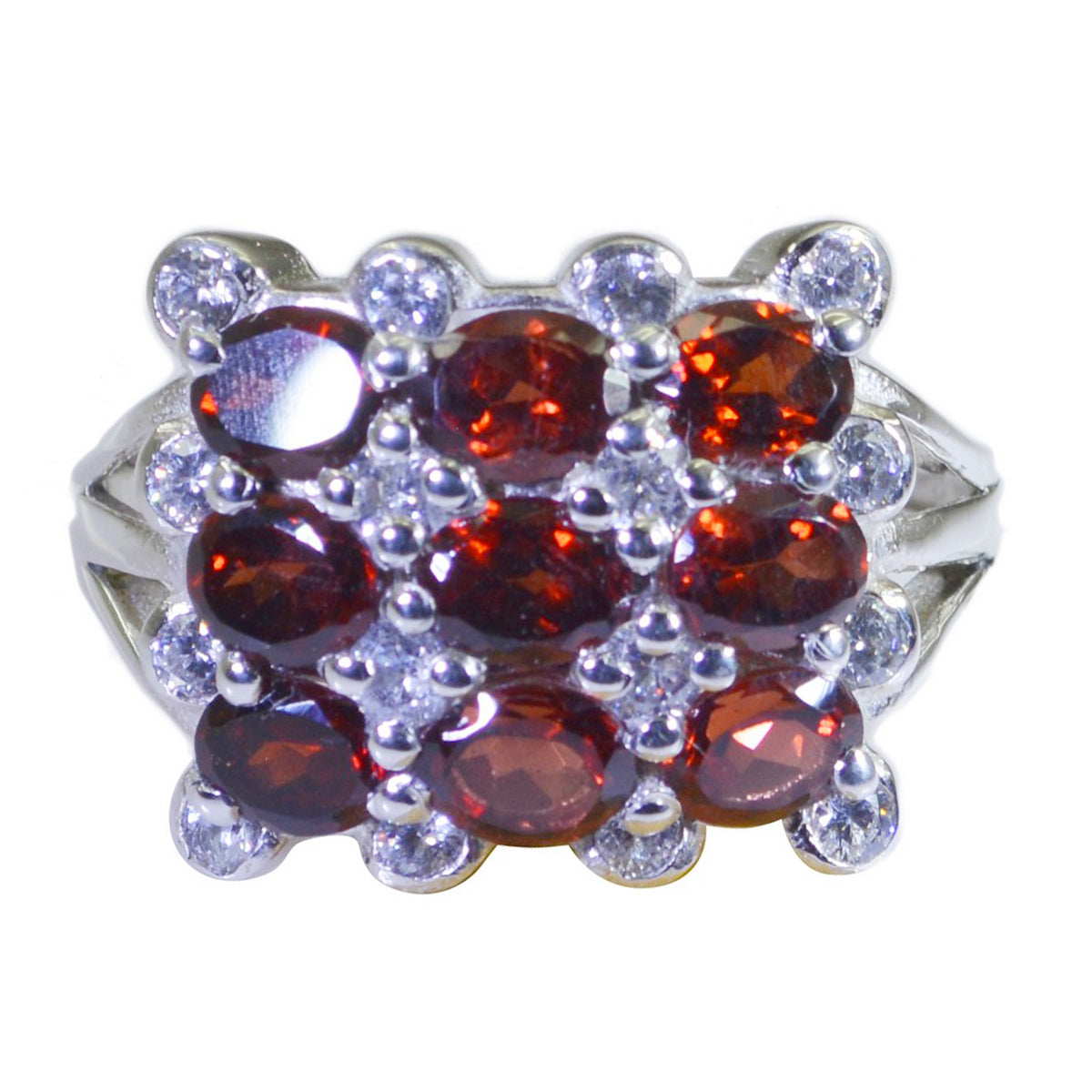 Garnet Navratna Russian 92.5 Silver Red Gemstones Classic Glamorous Ring Jewellery