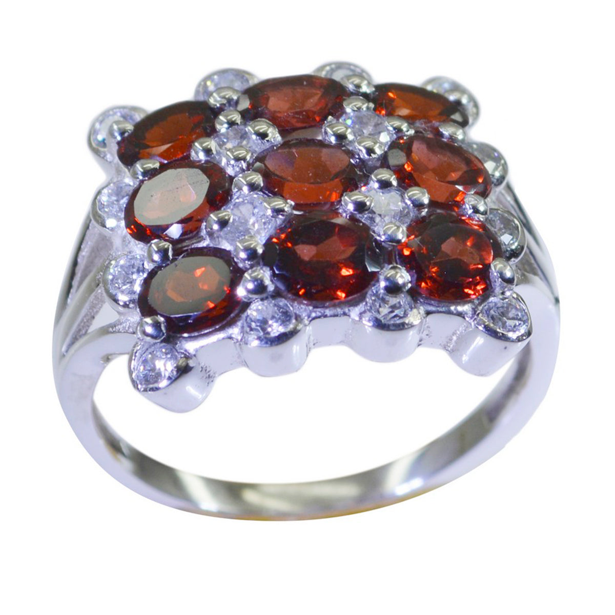 Garnet Navratna Russian 92.5 Silver Red Gemstones Classic Glamorous Ring Jewellery