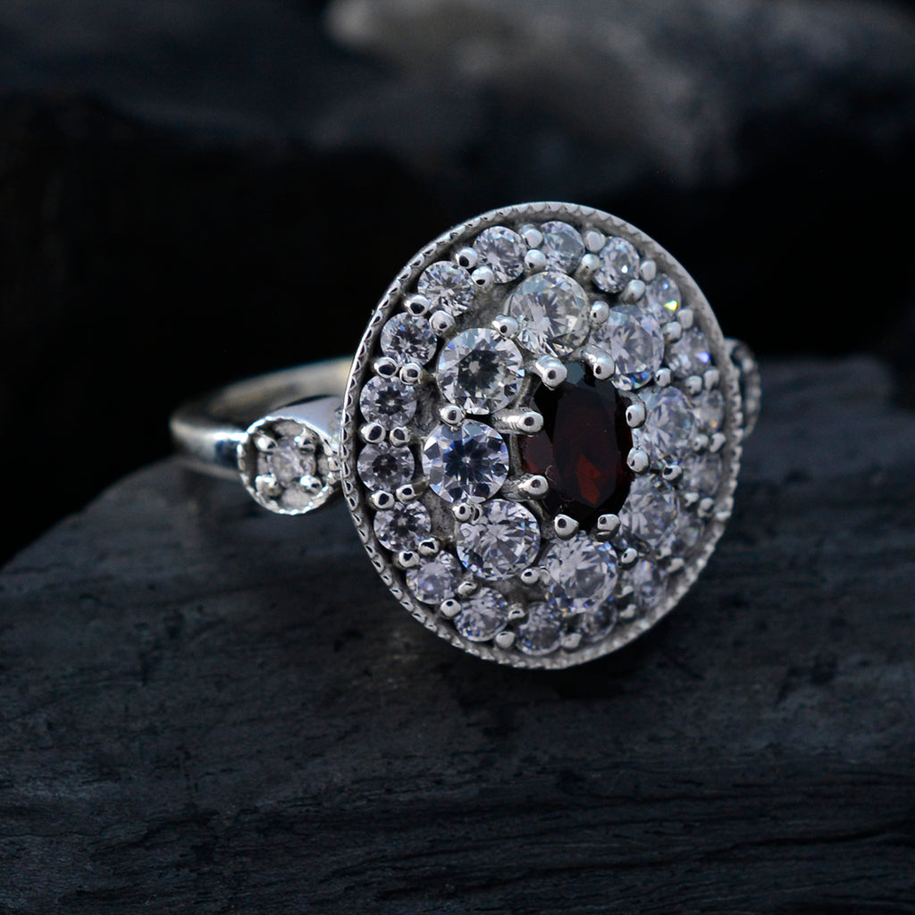 Garnet Halo Moroccan Sterling Silver Red Gemstone Minimal Cultural Ring Jewellery