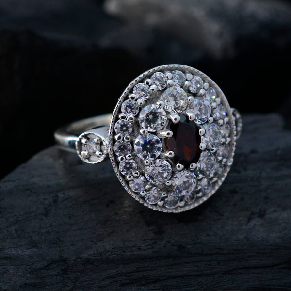 Garnet Halo Moroccan Sterling Silver Red Gemstone Minimal Cultural Ring Jewellery