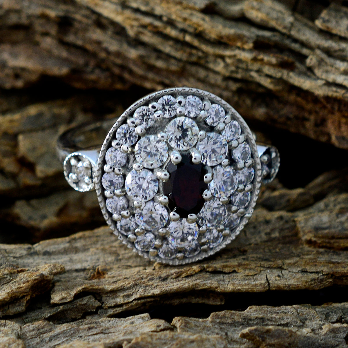 Garnet Halo Moroccan Sterling Silver Red Gemstone Minimal Cultural Ring Jewellery