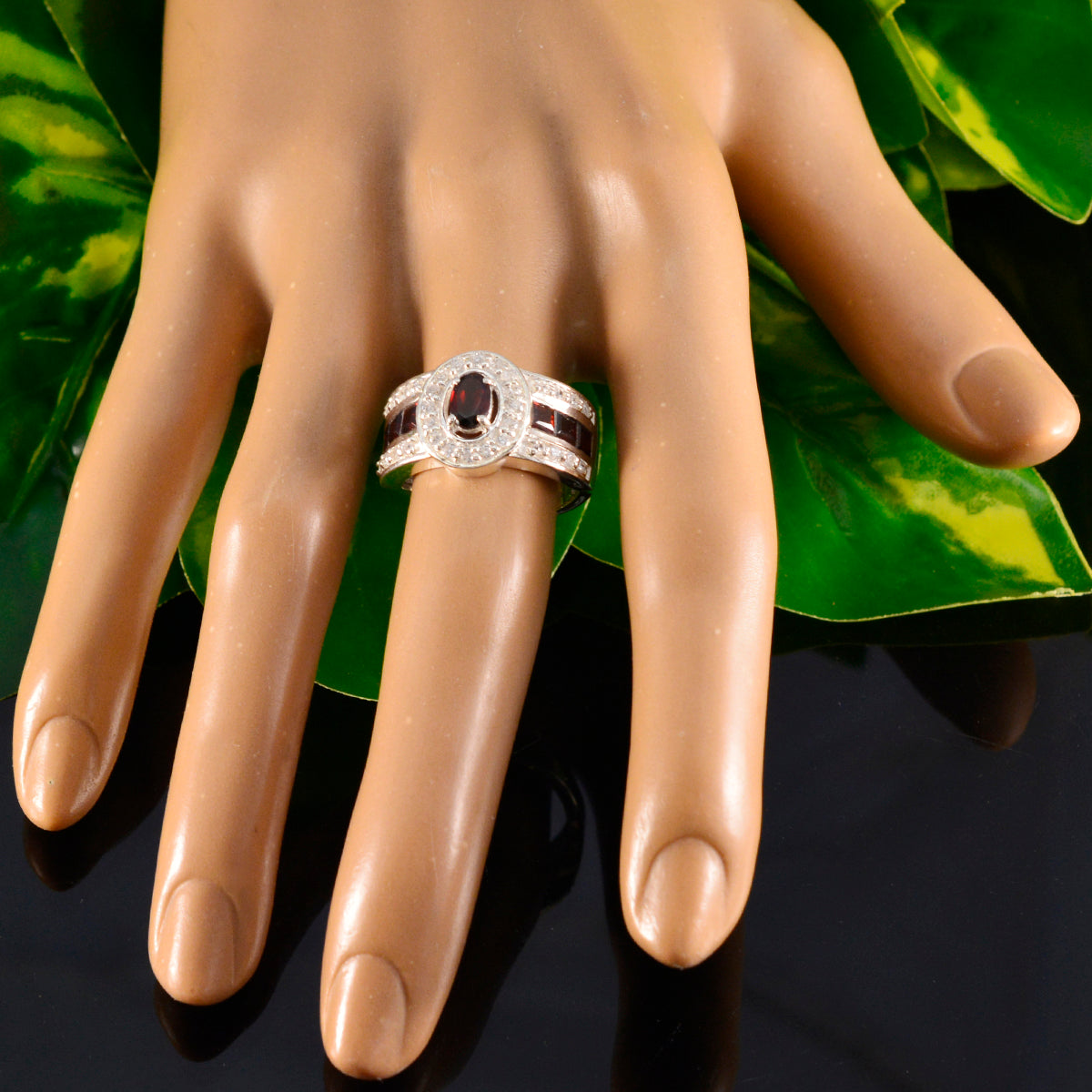 Garnet Halo Russian 925 Silver Red Gemstone Eye catching Trendy Ring Jewellery