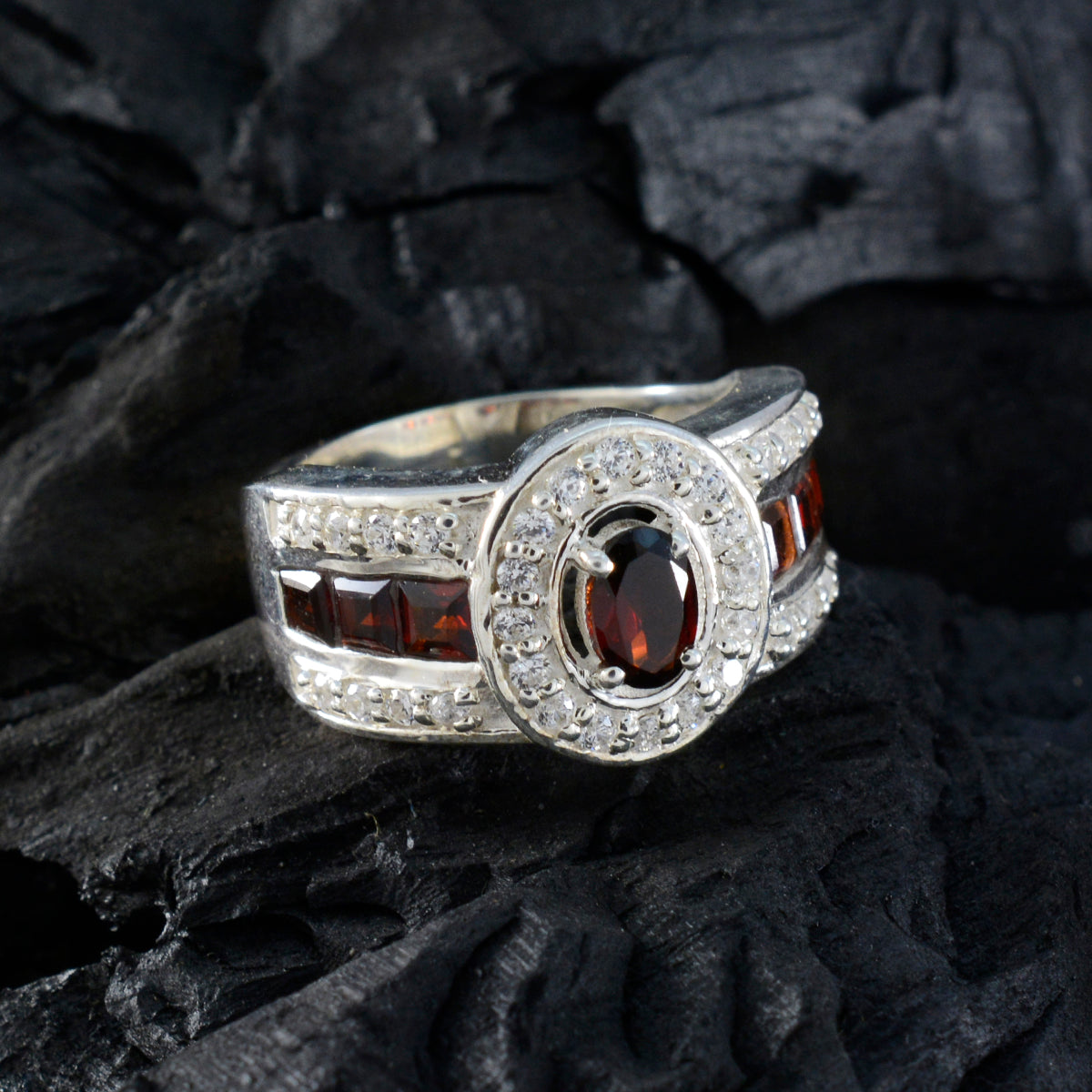 Garnet Halo Russian 925 Silver Red Gemstone Eye catching Trendy Ring Jewellery