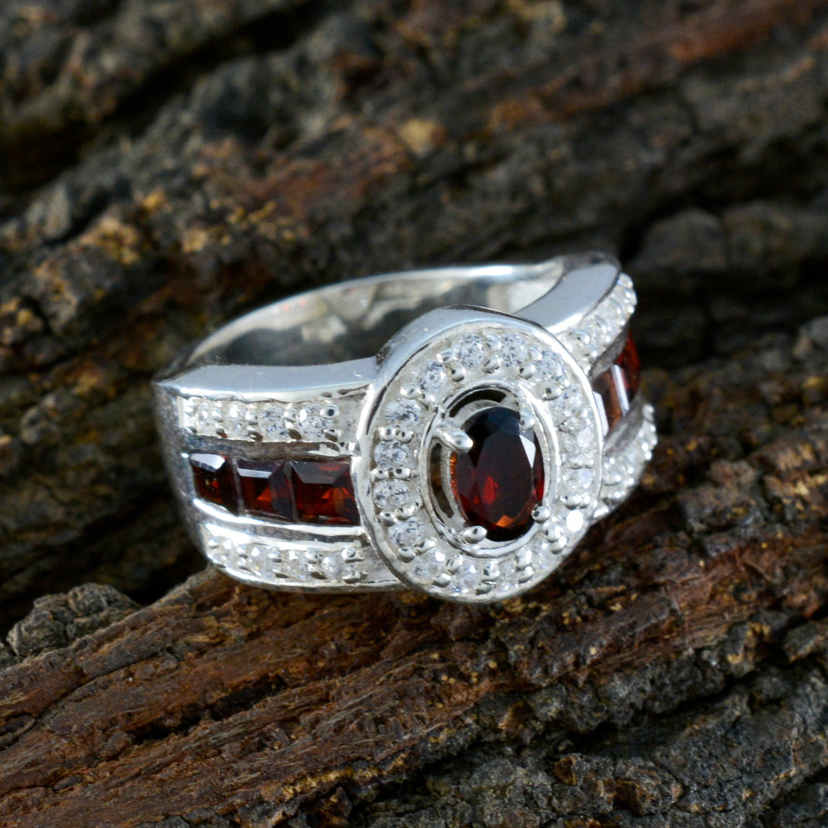 Garnet Halo Russian 925 Silver Red Gemstone Eye catching Trendy Ring Jewellery