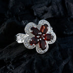 Garnet Penta Russian 925 Sterling Silver Red Gemstones Classic Floral Ring Jewellery