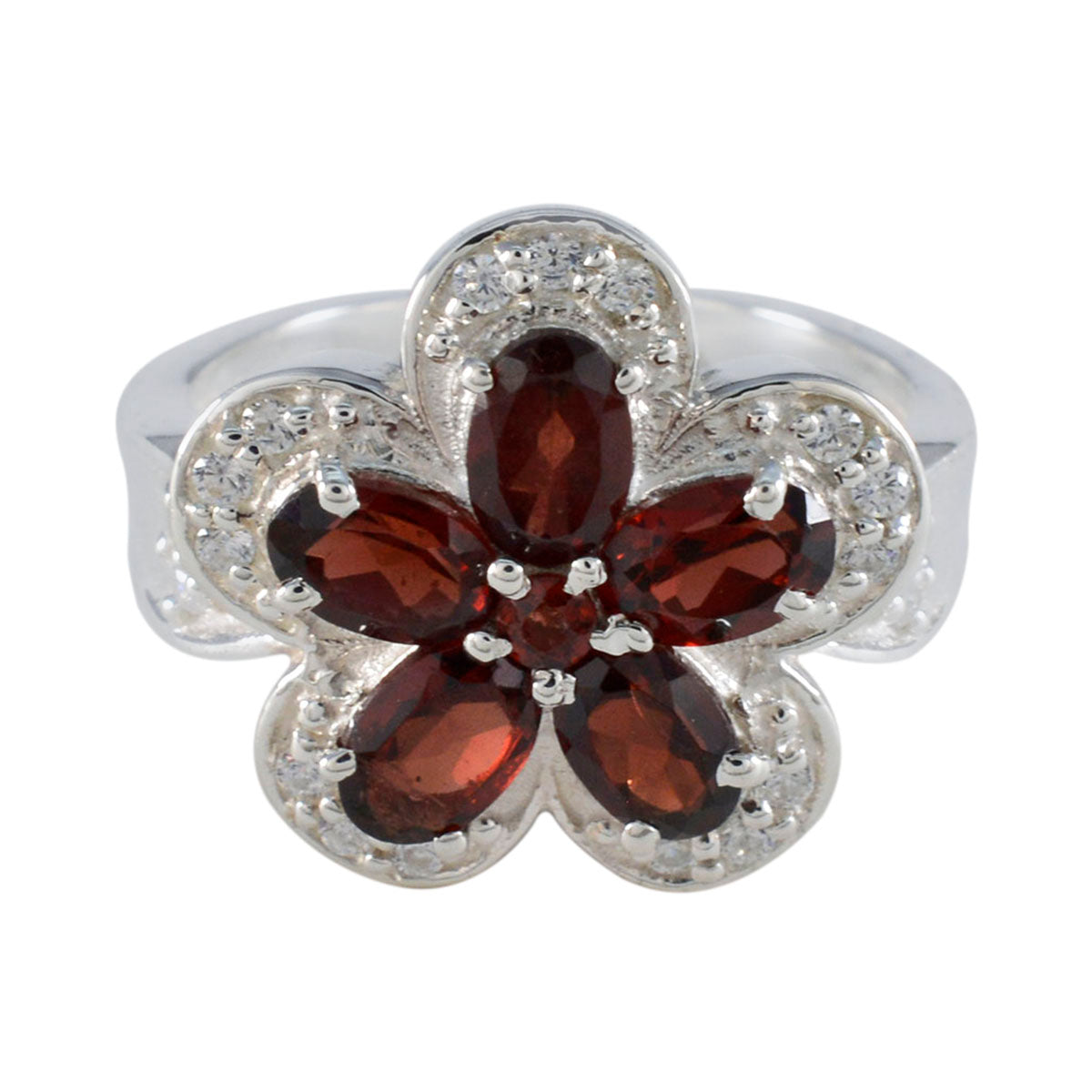 Garnet Penta Russian 925 Sterling Silver Red Gemstones Classic Floral Ring Jewellery メイン画像