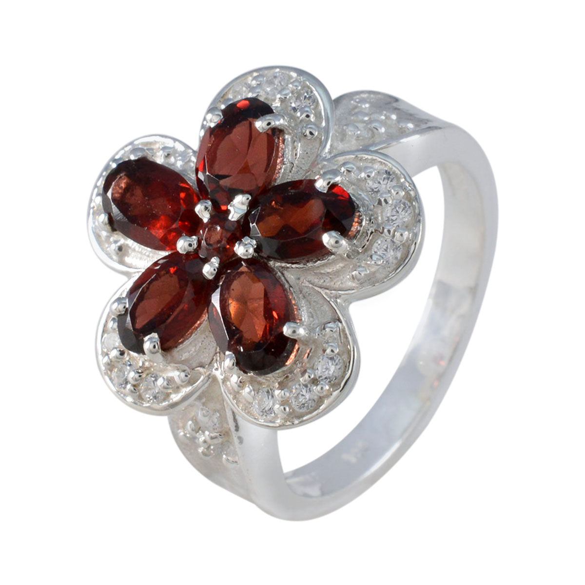 Garnet Penta Russian 925 Sterling Silver Red Gemstones Classic Floral Ring Jewellery