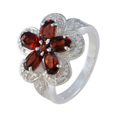 Garnet Penta Russian 925 Sterling Silver Red Gemstones Classic Floral Ring Jewellery
