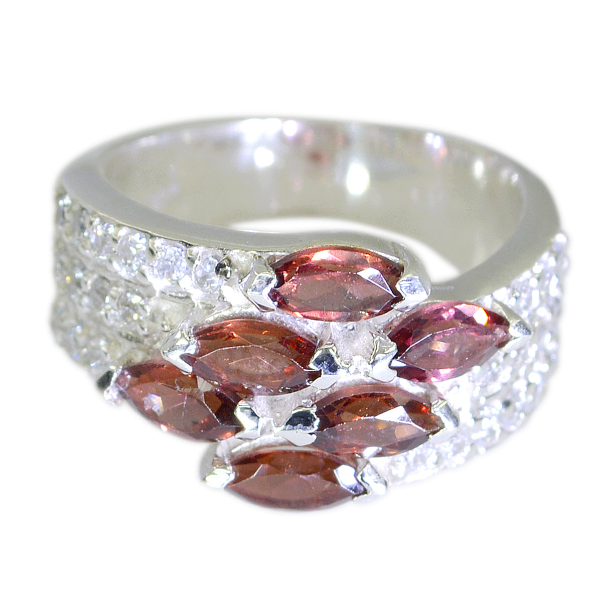 Garnet Hexa French 925 Silver Red Gemstones Mid-weight Luxurious Ring Jewelry Secondary image