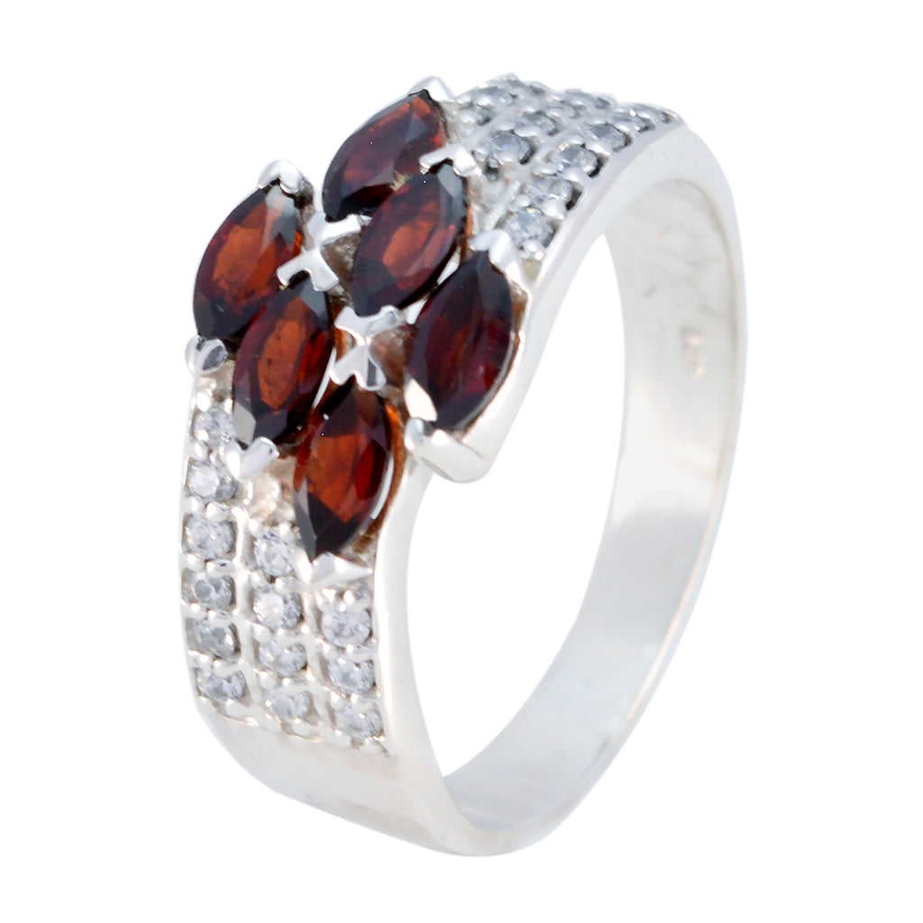 Garnet Hexa French 925 Silver Red Gemstones Mid weight Luxurious Ring Jewelry