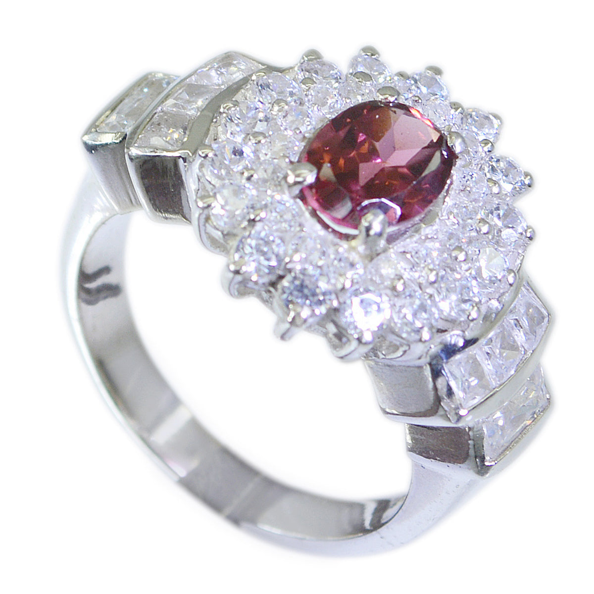 Garnet Halo Russian 92.5 Silver Red Gemstone Mid weight Abstract Ring Jewellery