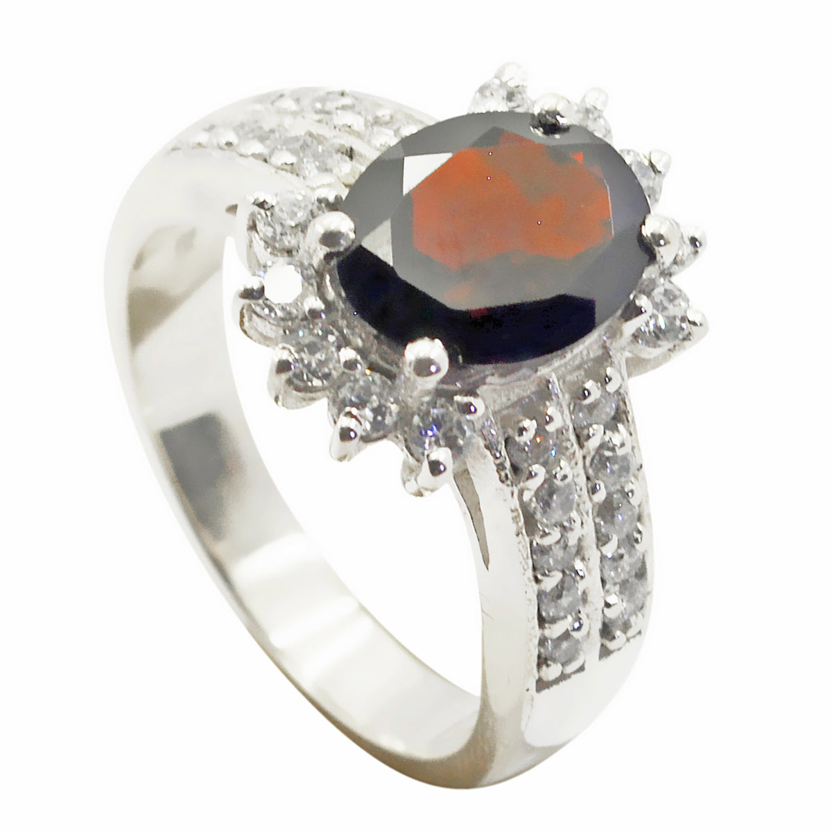 Garnet Halo Russian 925 Sterling Silver Red Gemstone Classic Modern Ring Jewellery
