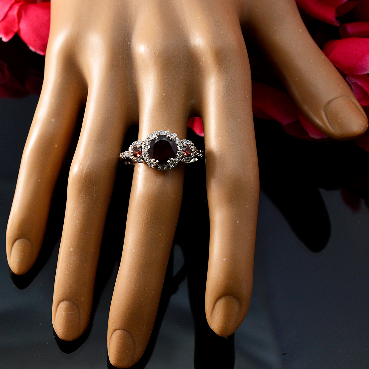 Garnet Halo Moroccan 925 Silver Red Gemstones Slim Cultural Ring Jewellery